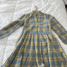 Button Up, Knee Length Dress In A Size Xs. Never Worn, Just In Need Of An Iron. Dress With Cardigan, Clothing Rack, Knee Length Dress, Dresses Xs, I Dress, Blue Yellow, Knee Length, Colorful Dresses, Button Up