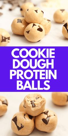 cookie dough protein balls are stacked on top of each other