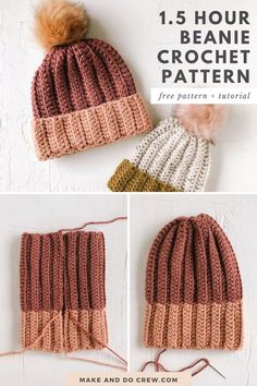 the crochet beanie pattern is shown in three different colors and has a pom