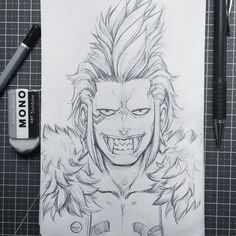 a drawing of an anime character with his hair in the air and eyes open, next to some markers