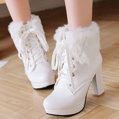 High Heel Boots Pink White Black Fur Lovely Lolita on Storenvy Sepatu Platform, Apricot Heels, Lace High Heels, Cute Shoes Heels, Kawaii Shoes, Lace Up High Heels, Heels Classy, Fancy Shoes, Girly Shoes