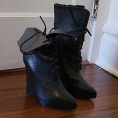 Wedge Boots In Black Leather. Can Be Worn Fully Up, Or Folded Over. Tie Closure. 5" Heel, With 1" Platform. The Most Versatile Boots You Will Ever Buy! If You're Not Familiar With This Brand, It Was The Same Creative Director As Coach (At That Time), Reed Krakoff . Reed Krakoff, Leather Coach, Boots Leather, Coach Shoes, Wedge Boots, Shoes Heels Boots, Creative Director, Shoes Women Heels, Leather Boots