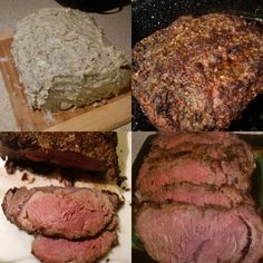 four different types of meat are shown in three pictures, one is sliced and the other has been cooked