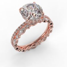 a rose gold engagement ring with an oval cut diamond in the center and side stones on each band