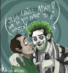 a drawing of two men with green hair and clown makeup, one is kissing the other