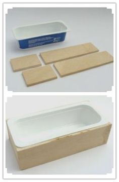 three different views of an empty plastic container and some wooden pieces on the table top