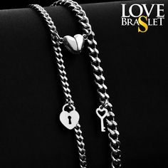 Couple Bracelets with Charms in the form of Key and Lock and Magnets in the form of a HEART! ✦ D E T A I L S  * Chain - stainless steel; * Charms - stainless steel; * Magnet HEART(option) - stainless steel; * Size is adjustable. Bracelets are fade resistant and waterproof!  S I Z E S ∙ O F ∙ B R A C E L E T S Woman: length - 16 cm (6.3 inch) of the main chain and plus 5 cm (1.97 inch) of adjustment, width - 3.7 mm (0.15 inch); Men's: length - 18 cm (7.09 inch) of the main chain and plus 5 cm (1.97 inch) of adjustment, width - 6 mm (0.24 inch);  You can also measure the size of a girl's and a boy's wrist, write to us in a message, and we in turn will make bracelets individually for you)  G I F T ∙ P A C K A G I N G You can also buy our signature gift box for $5 to make a surprise (gift) for Cute Couple Jewelry, Bracelet Couple, Bracelets Set, Couple Jewelry, Gift For Couples, Key Lock, Couple Bracelets, Matching Bracelets, Surprise Gifts