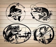 four fishing emblems on wooden background