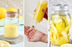 four different pictures with lemons and other things in the same photo, one is being squeezed into a mason jar