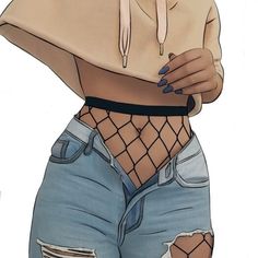 a woman in fishnet stockings and jeans with her hands on her hips