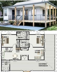 two story house plans with porches and living quarters on the first floor, one bedroom is