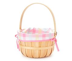 a pink and white checkered basket on a white background