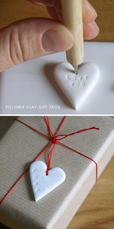 someone is making a heart shaped ornament out of clay and string with a pencil