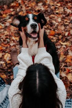 a dog sitting on top of a woman's lap in the middle of leaves