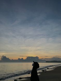 a person standing on top of a beach next to the ocean at sunset with clouds in the sky