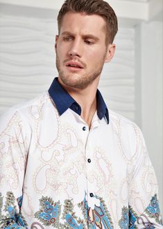 Make a statement in this crisp silky cotton button-up designed in a paisley pattern print distinguish this meticulously crafted silky cotton shirt streamlined with a concealed button placket for a suave finish The high and low effect adds texture to the design Gracefully striations of color add warmth and character to the design Pair with jeans, tailored pants or shorts for any season for the ultimate smart-luxury look Tonal contrast trim at the collar and cuffs 2 tone silky mixed print shirt Sp Silky Shirt, Tailored Pants, Paisley Pattern, Contrast Trim, Collar And Cuff, White Cotton, Cotton Shirt, High & Low, Printed Shirts