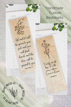 two wooden bookmarks with the words handmade custom booksmarks written on them