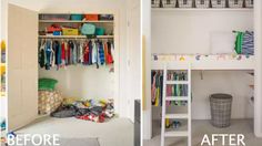 before and after photos of a child's bedroom with bunk beds, closets and toys