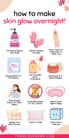 How to Make Your Skin Glow Overnight: 12 Tips To Wake Up Radiant Achieve radiant skin overnight with these 12 tips! Wake up looking fresh and glowing with minimal effort.  how to make your skin glow | how to make your skin glow overnight | how to make your skin glow at home | how to make your skin glowing | how to make glowing skin | how to make glowing skin naturally | glowing skin | glowing skin tips | clear skin tips | glowy skin | glowy skin products | glowy skincare | glowy skin tips Glow Up Products List, Glow Up Tips Deutsch, Make Skin Glow, Glowy Skincare, Tips For Clear Skin, Haut Routine, Diy Skin Care Routine, Basic Skin Care Routine, Clear Skin Tips