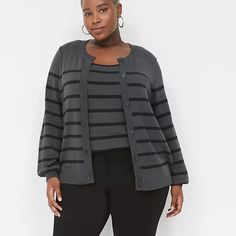 New With Tags Lane Bryant Striped Sweater Set Comes With Cardigan And Tank Top Charcoal Grey And Black Cotton Bras, Basic Sweaters, Oversized Cardigan, Striped Cardigan, Lane Bryant, Sweater Set, Sleeveless Tank, Cozy Sweaters, Style Profile