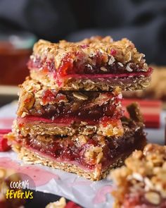 three pieces of fruit and oatmeal bars stacked on top of each other