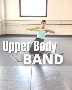 a woman holding a tennis racquet on top of a gym floor with the words upper body band in front of her