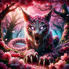 a cat with flowers on its head sitting in the middle of a forest filled with pink flowers