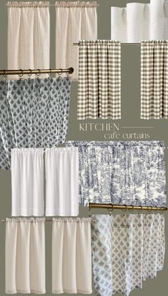 kitchen curtains and valances are shown in different styles, colors, and patterns for the curtain