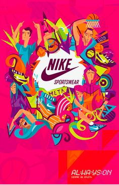 an advertisement for nike sportswear with people in the background and colorful graphics on it