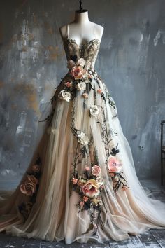 Magical Dresses Fairytale, Wedding Dresses Flowers, Flower Ball Gown, Dresses Fairytale, Dresses Flowers, Nontraditional Wedding Dress, Elegant Ball Gowns, Fancy Frocks, Nature Dress