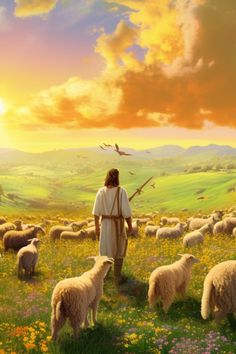 a painting of jesus walking through a field with sheep