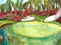 a watercolor painting of a golf course with trees and flowers in the background that says sterling waterlooon easy