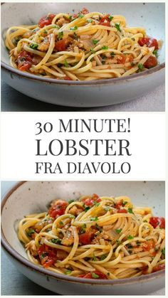 two pictures of spaghetti with tomatoes and parmesan cheese on top, in a white bowl