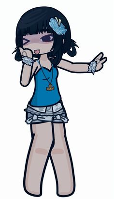 a drawing of a girl in blue shirt and white skirt holding her hands out to the side