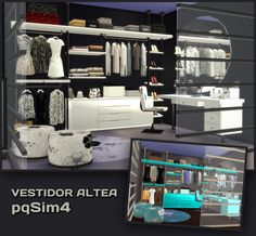 the interior of a clothing store with clothes on shelves and other items in front of it