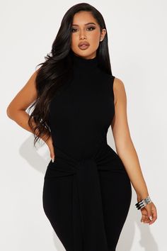 Available In Black And Marsala. Sweater Midi Dress Mock Neckline Sleeveless Tie Front Stretch Length= 45" 80% Rayon 20% Nylon Imported | Ayla Sleeveless Sweater Midi Dress in Black size XS by Fashion Nova Cute All Black Outfits, All Black Outfit Casual, Black Graduation Dress, Sweater Midi Dress, Fashion Nova Outfits, Classy Casual Outfits, Black Long Sleeve Dress, Sweater Dress Midi, Mock Neckline