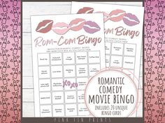 the romantic comedy movie bingo game is shown on a pink and brown background with hearts