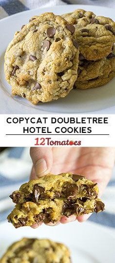 two pictures of chocolate chip cookies and one with text that reads copycat double tree hotel cookies