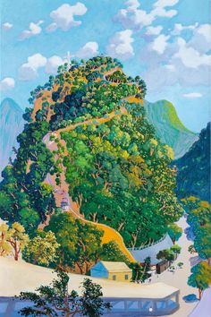 a painting of a mountain with trees and houses