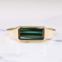 EMERALD SHAPE GREEN TOURMALINE 14K YELLOW GOLD RING EAST WEST BEZEL SOLITAIRE