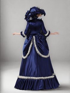 Step back in time with the Navy Blue Majesty Medieval Dress, a stunning homage to the grandeur of the past. This plus-size baroque ball gown radiates regal elegance, featuring opulent golden lace trim that catches the light with every graceful movement. The rich navy hue conjures images of midnight skies over medieval castles, while the intricate lacework harkens to the luxurious baroque period. Designed for the modern woman who appreciates historical beauty, this gown is a perfect blend of past Regency Victorian Dress For Debutante Ball, Fitted Victorian Rococo Dress For Formal Occasions, Formal Fitted Victorian Rococo Dress, Fitted Victorian Baroque Dress In Marie Antoinette Style, Marie Antoinette Victorian Dress For Debutante Ball, Fitted Victorian Marie Antoinette Dress, Fitted Victorian Dress In Marie Antoinette Style, Blue Victorian Dress With Historical Design, Elegant Blue Medieval Dress