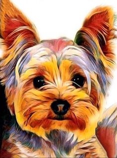 a painting of a small dog that is looking at the camera