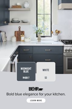 a kitchen with blue cabinets and white counter tops is featured in this ad for behr