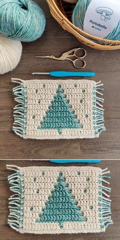 two crocheted bags sitting on top of a wooden table next to yarn and scissors