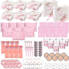 pink and white wedding party supplies including favors, napkins, table numbers, place cards and more