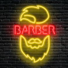 a neon sign that says barber with a beard and mustache in the shape of a man's head