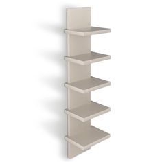 a white shelf with three shelves on each side and one in the middle, against a white background