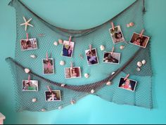 there is a net with pictures on it and some seashells attached to it