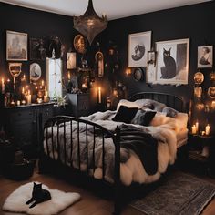 #witch #witchy #bedroom #dark #decoration #interior #chambre #chat #inspiration #inspired #aesthetic #candles #homedesign #pinterest Goth Witch Room Aesthetic, Goth Boho Bedroom Ideas, Dark Fantasy Home Decor, 70s Goth Aesthetic Home, Black Walls Small Bedroom, Black Wall With Frames, Dark Fantasy Room Decor, Diy Black Accent Wall Bedroom, Gothic Witch Bedroom