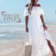 S-Xxl #Boho #White #Sundress Rose #Maxi Or #Eyelet High Low #Midi #Resort-Wear #Cruise-Wear Dress 2 Variations: Rose Lace W/ Even Length 55” - Out Floral Eyelet Embroidery High 42” Front / Low Back 48” + Roomier Hips - M Or Xl Each Sundress: Solid White All Over Cutwork Off The Shoulder Peasant 95/5 Poly Spandex Stretch To Fit Bust & Waist Soft Midi Interior Lining Subtle Give To Hips A-Line Flow To Hem Dimensions In Inches ( Bust / Waist / Hips ) White Rose Lace Maxi: Sold Out S B32-34” W26-28 Black Halter Maxi Dress, Peplum Midi Dress, Beach Sundress, Rose Maxi Dress, Black Floral Maxi Dress, Maxi Dress Floral, Drape Gowns, White Sundress, Eyelet Embroidery